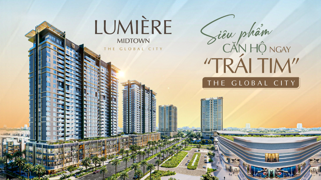 A breathtaking aerial view of Lumiere Midtown, situated at the strategic intersection of major thoroughfares in the heart of District 2, The Global City. The modern high-rise towers stand tall, surrounded by lush greenery and winding roads that seamlessly connect the development to the bustling city center. Sunlight gently cascades over the glass facades, creating a warm, inviting atmosphere. In the distance, the shimmering waters of the Saigon River serve as a picturesque backdrop, underscoring the prime location and unparalleled connectivity of this residential masterpiece. Giá căn hộ Lumiere Midtown